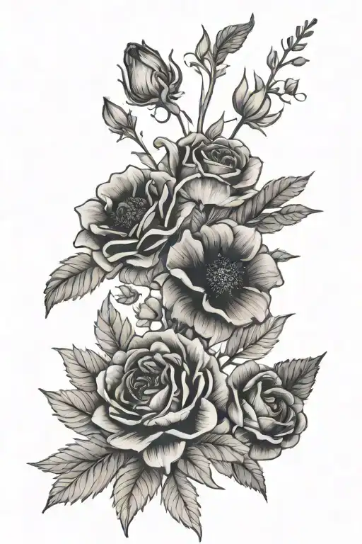 birth flower bouquet August, January, August, August, July tattoo design idea