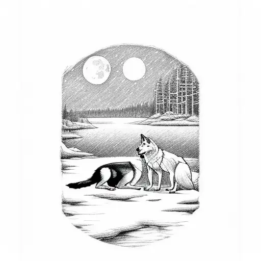 A tarot card featuring a moonlit scene with a wolf and a dog by a tranquil lake tattoo design idea