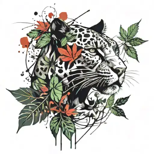 panther and weed leaf morphing tattoo design idea