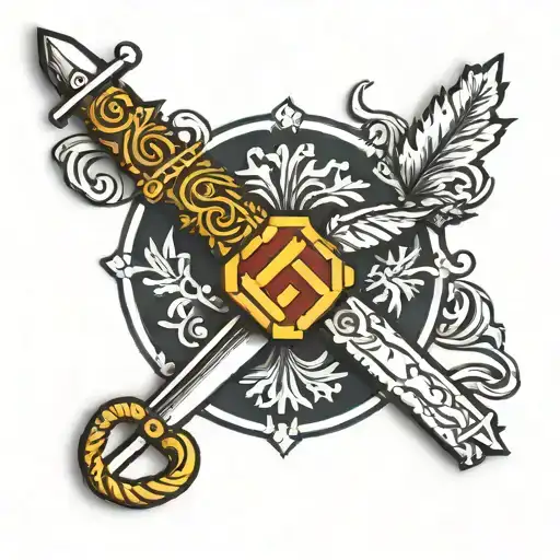 a swastika ww2 style with a sword pointing downwards through it with an oak leaf wreath around the swastika tattoo design idea