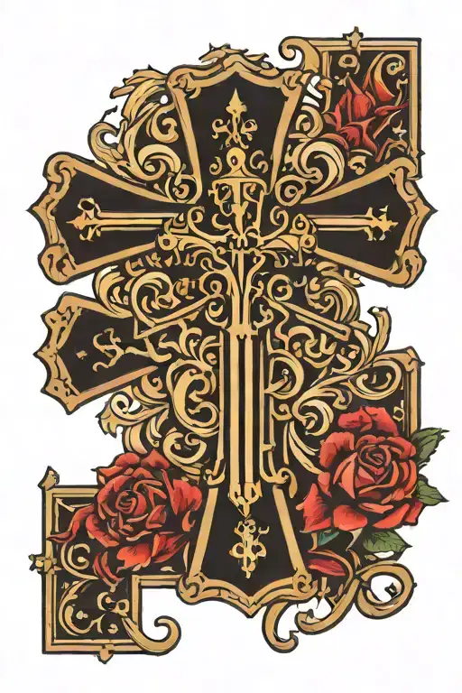 last name with catholic cross tattoo design idea