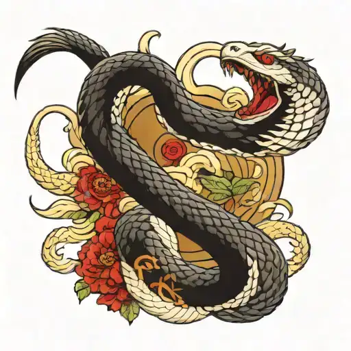 Create a tattoo image showing a white snake with red eyes attacking and killing an eagle. The snake tattoo design idea