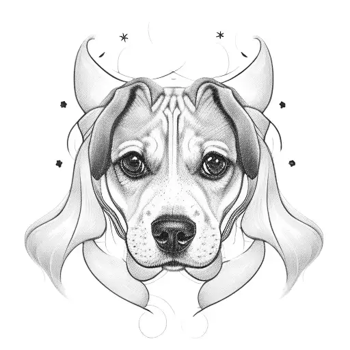 an outline beagle dog's face  placed within a wave or incorporated as a small charm hanging from mermaid tattoo design idea