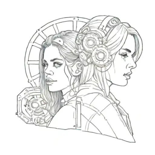 A tattoo design of Lana Del Rey and Billie Eilish collaborating on a song, with a vintage film reel in the background tattoo design idea