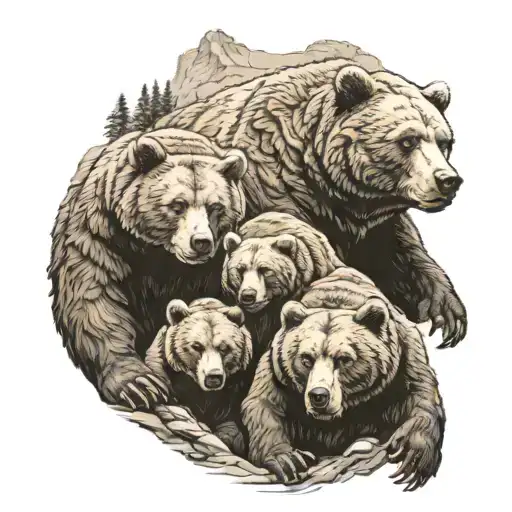 warrior bear family outside cave entrance tattoo design idea