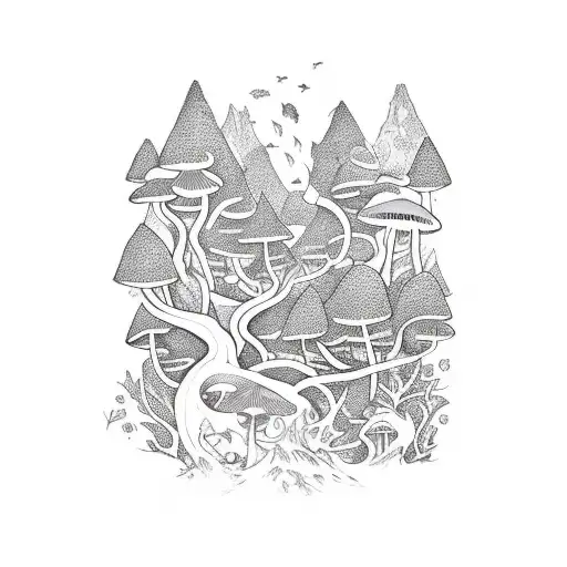 A gaming-inspired tattoo depicting a magical forest with mushrooms and birds tattoo design idea