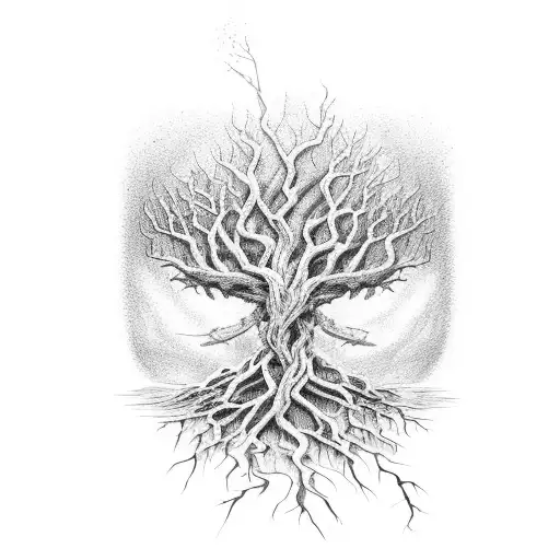 tree of death,  withered, cracked roots tattoo design idea