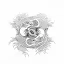 ying yang, surround evenly by roots tattoo design idea