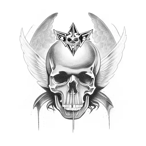 Metalcore album cover featuring a fierce angel and a skull tattoo design idea