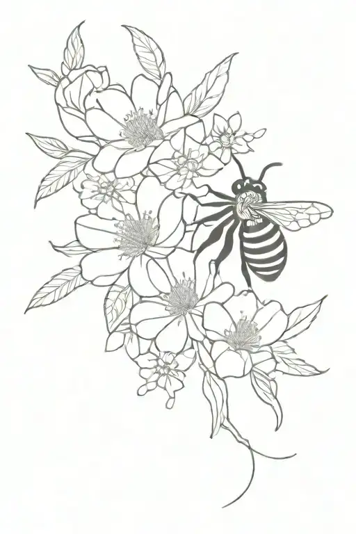 bee surrounding flower bouquet tattoo design idea