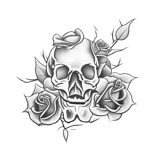 open skull with wilting rose in its mouth and thorns tattoo design idea