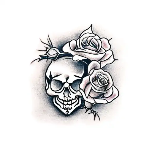 open skull with wilting rose in its mouth and thorns tattoo design idea