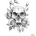 open skull with wilting rose in its mouth and thorns tattoo design idea
