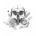 open skull with wilting rose in its mouth and thorns tattoo design idea