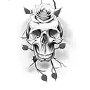 open skull with wilting rose in its mouth and thorns tattoo design idea