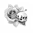 open skull with wilting rose in its mouth and thorns tattoo design idea