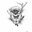 open skull with wilting rose in its mouth and thorns tattoo design idea