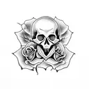 open skull with wilting rose in its mouth and thorns tattoo design idea