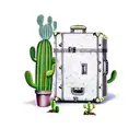 A vintage suitcase surrounded by cacti and vineyard grapes tattoo design idea