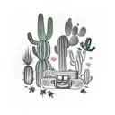 A vintage suitcase surrounded by cacti and vineyard grapes tattoo design idea