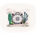 A vintage suitcase surrounded by cacti and vineyard grapes tattoo design idea