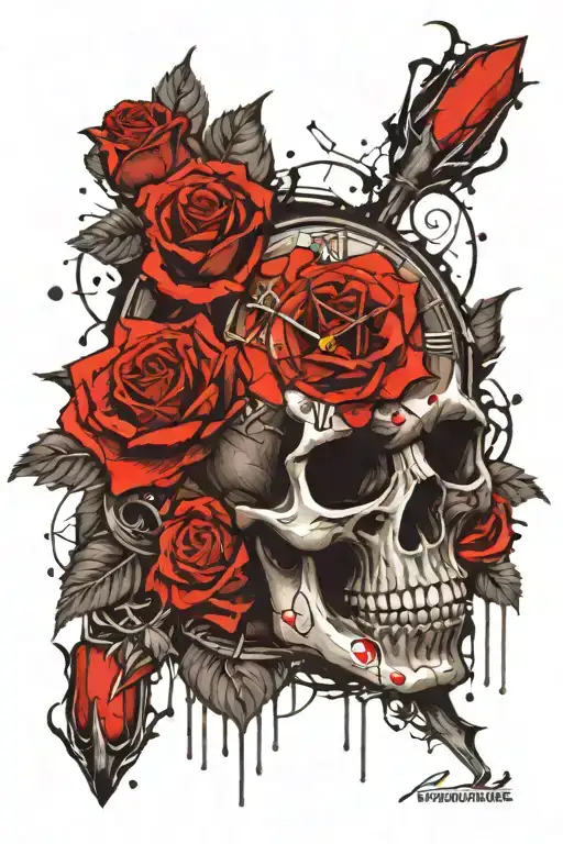 Skull, roses, clock, gothic style tattoo design idea