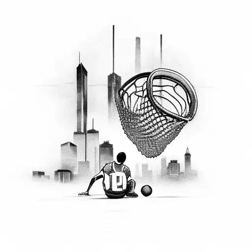 A software developer coding on a basketball court with Atlanta's skyline in the background tattoo design idea
