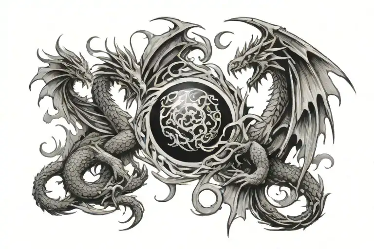 dragon and phoenix with fire ball in the middle It is surrounded tattoo design idea