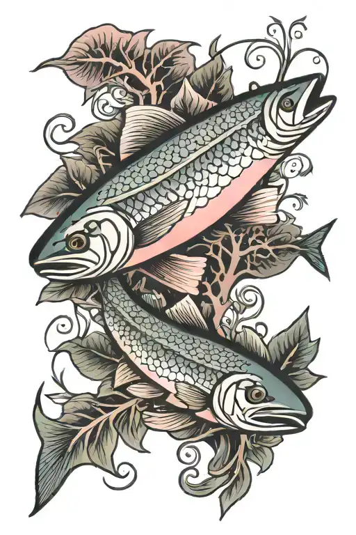 pink salmon with tail that looks like the roots of a tree  tattoo design idea