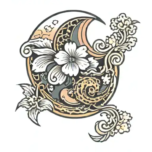 Japanese lotto flower and crescent moon background tattoo design idea