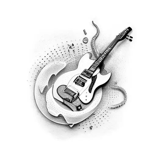 A dotwork tattoo of a detailed drawing of a guitar and a tattoo gun tattoo design idea