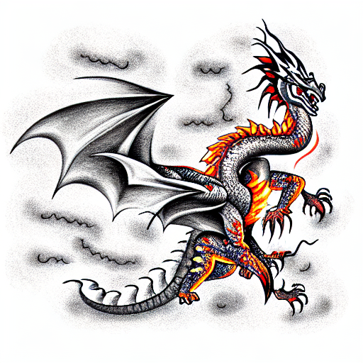 Dragon surrounded by fire and thunders tattoo design idea