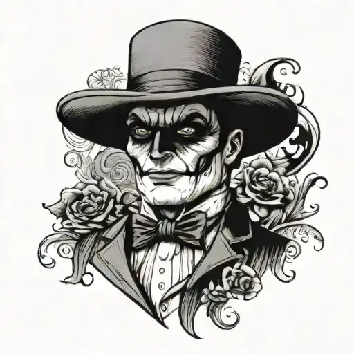 from the 1900 Batman movie, a pequin top hat black and white  tattoo design idea