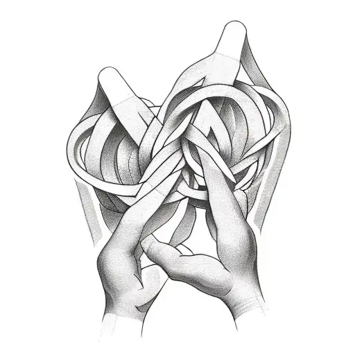 A sketch-style tattoo of two friends holding hands, with creative 3D printing patterns entwined around their fingers, symbolizing the fusion of their passions. tattoo design idea