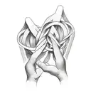 A sketch-style tattoo of two friends holding hands, with creative 3D printing patterns entwined around their fingers, symbolizing the fusion of their passions. tattoo design idea