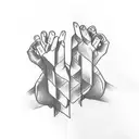 A sketch-style tattoo of two friends holding hands, with creative 3D printing patterns entwined around their fingers, symbolizing the fusion of their passions. tattoo design idea