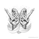 A sketch-style tattoo of two friends holding hands, with creative 3D printing patterns entwined around their fingers, symbolizing the fusion of their passions. tattoo design idea