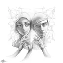 A sketch-style tattoo of two friends holding hands, with creative 3D printing patterns entwined around their fingers, symbolizing the fusion of their passions. tattoo design idea