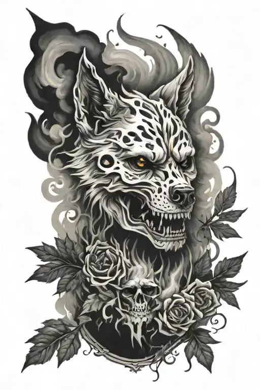 Skull wolf smoke woods surrounded tattoo design idea