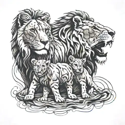 A mother lion protecting her cubs in a rainstorm tattoo design idea