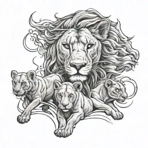 A lioness protecting her cubs during a thunderstorm, symbolizing motherhood and strength tattoo design idea