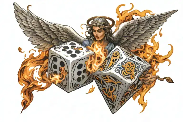 Angel dice rolling and fire flames tattoo design idea