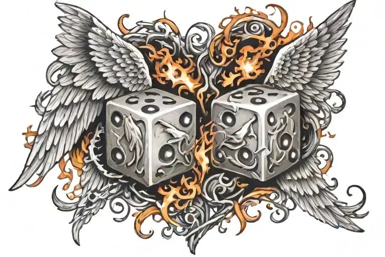 angel wings dice intertwined and fire flames tattoo design idea