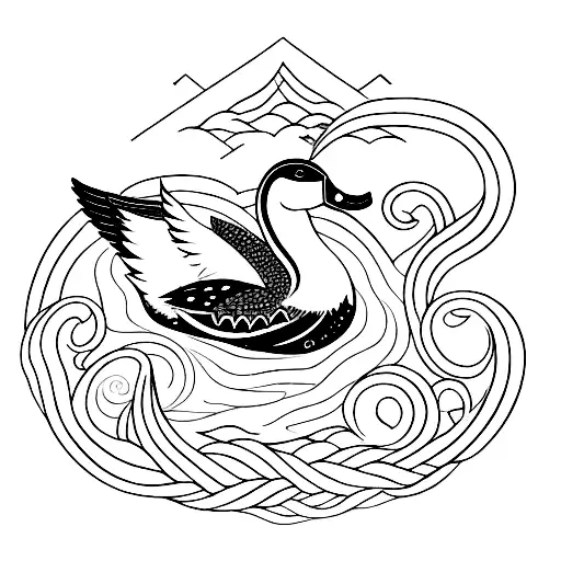 Incorporate a mystical Persian symbol with the image of a wild duck in sea wave tattoo design idea