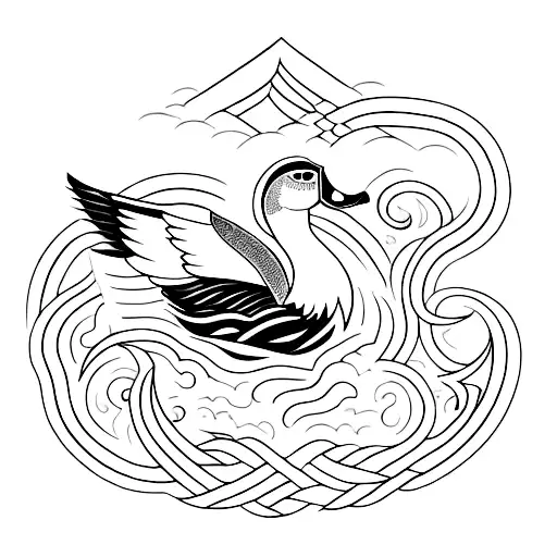 Incorporate a mystical Persian symbol with the image of a wild duck in sea wave tattoo design idea