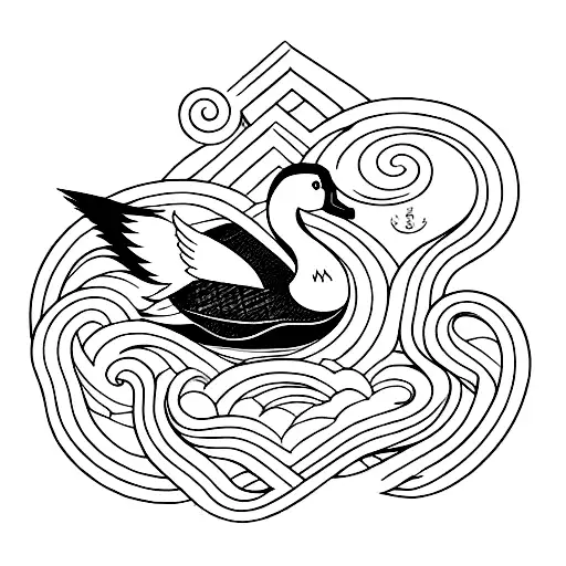 Incorporate a mystical Persian symbol with the image of a wild duck in sea wave tattoo design idea