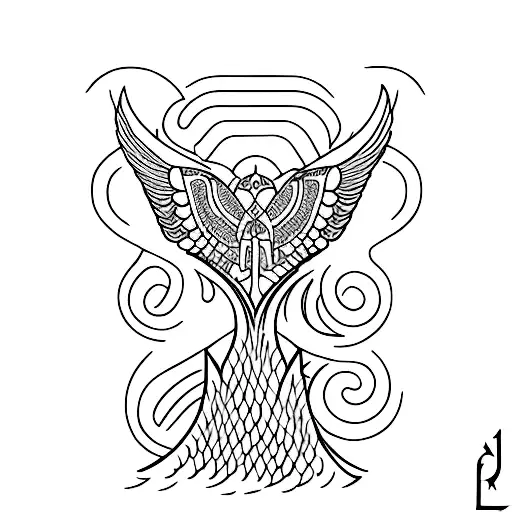 Incorporate a mystical Persian symbol with the image of a wild duck in sea wave tattoo design idea