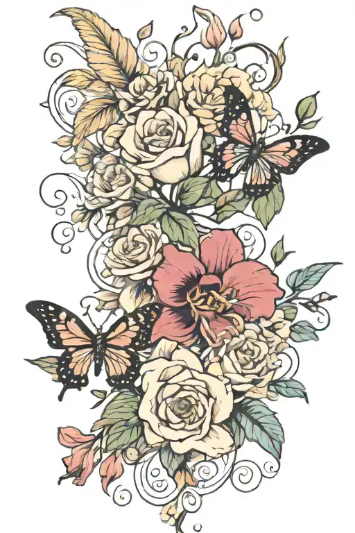 Roses, and Orchids, butterfly, and feathers, and vines, and leaves, and fillers  tattoo design idea
