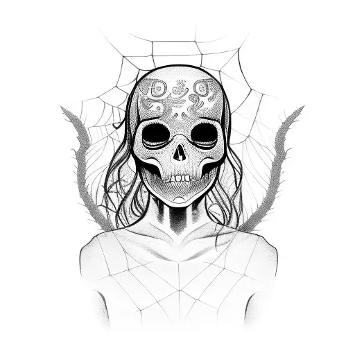 A realistic image of a girl with a skull face surrounded by spider webs tattoo design idea