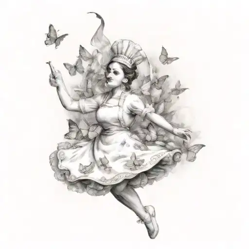 A realistic tattoo of a dancing baker surrounded by butterflies tattoo design idea
